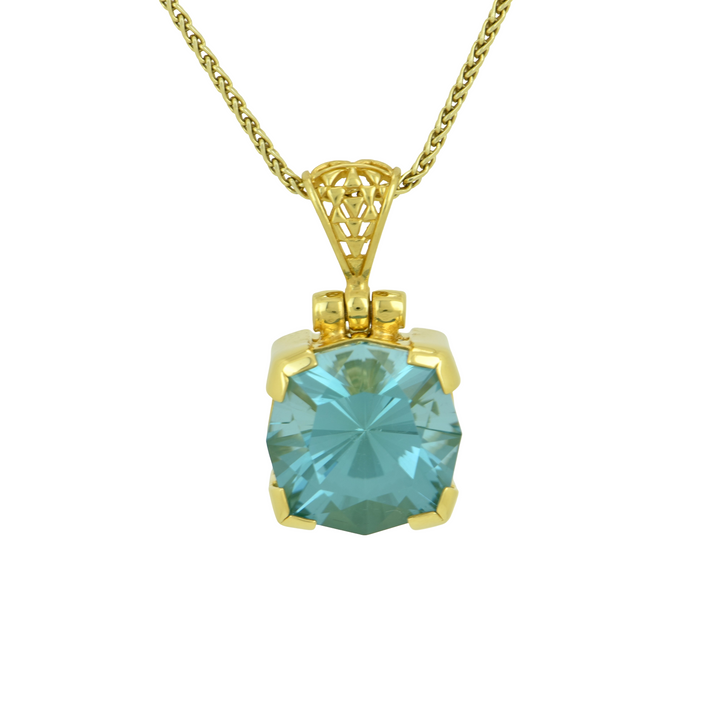 Cushion Cut Paraiba Effect Spinel Pendant, set in Sterling Silver plated in Yellow Gold