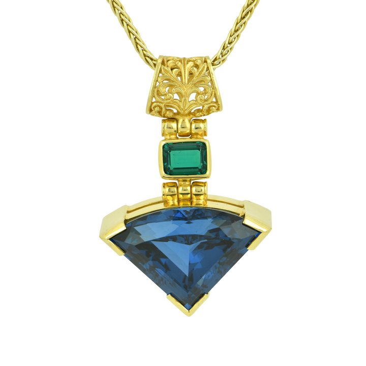 Fan Shape Blue Green Spinel, set in Sterling Silver plated in Yellow Gold