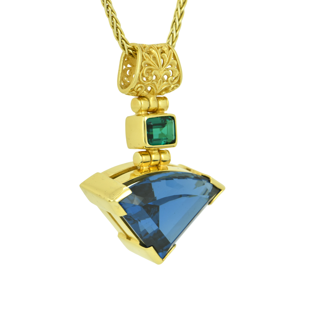 Fan Shape Blue Green Spinel, set in Sterling Silver plated in Yellow Gold