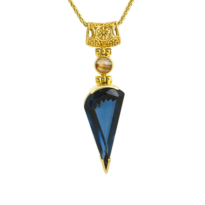 Fan Shape Blue Green Spinel Pendant, set in Sterling Silver plated in Yellow Gold