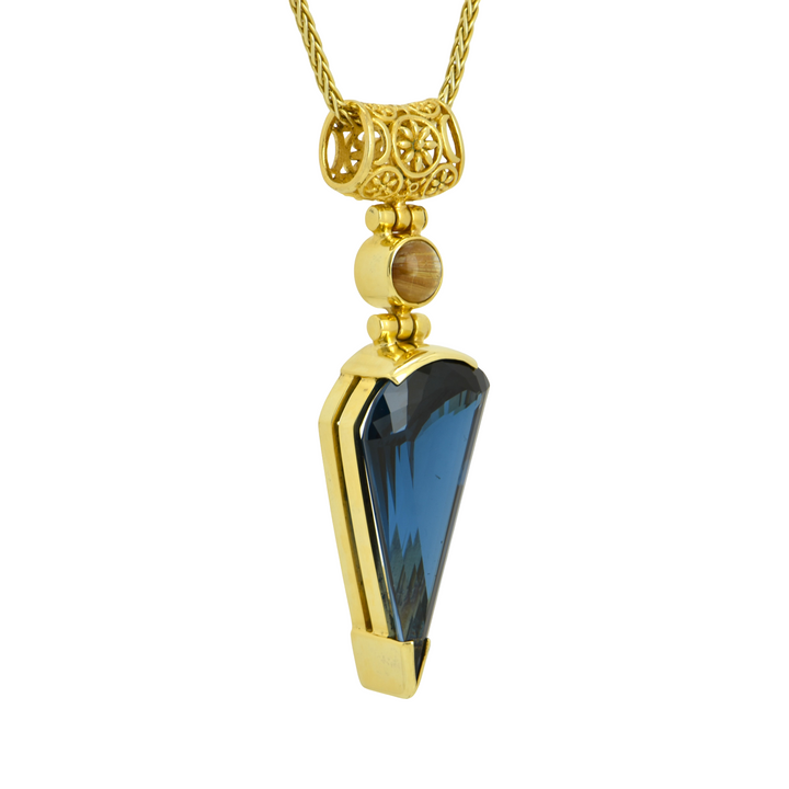 Fan Shape Blue Green Spinel Pendant, set in Sterling Silver plated in Yellow Gold
