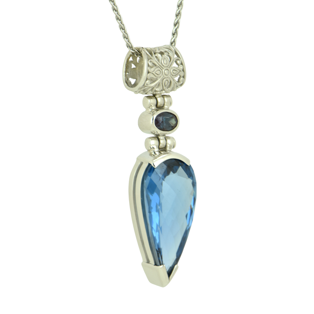 Pear Cut Blue Green Spinel Pendant, set in Sterling Silver plated in White Rhodium