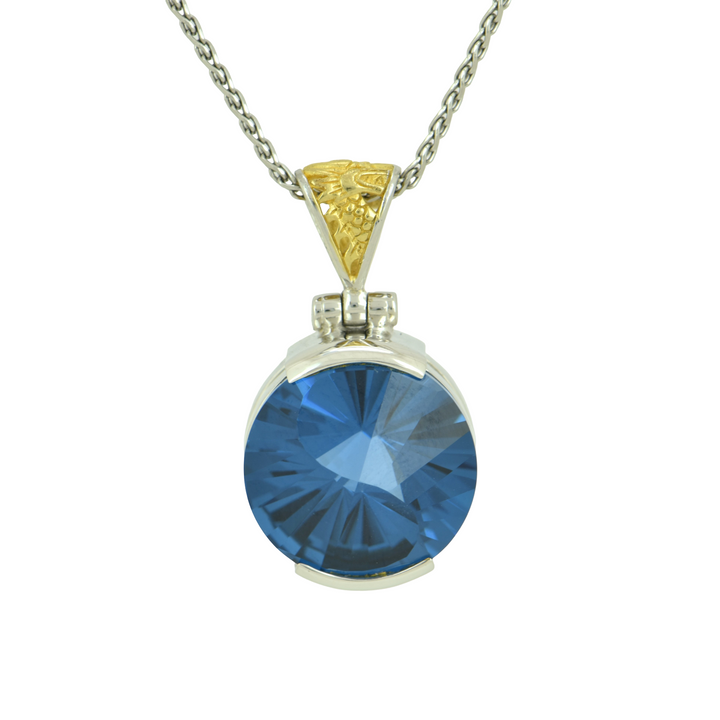 Round Blue Green Spinel Pendant, set in Sterling Silver plated in White Rhodium