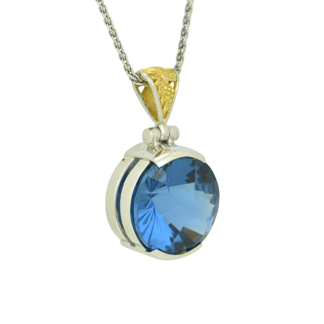 Round Blue Green Spinel Pendant, set in Sterling Silver plated in White Rhodium