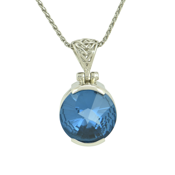 Round Blue Green Spinel Pendant, set in Sterling Silver plated in White Rhodium