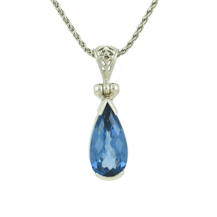 Pear Cut Blue Green Spinel Pendant, set in Sterling Silver plated in White Rhodium