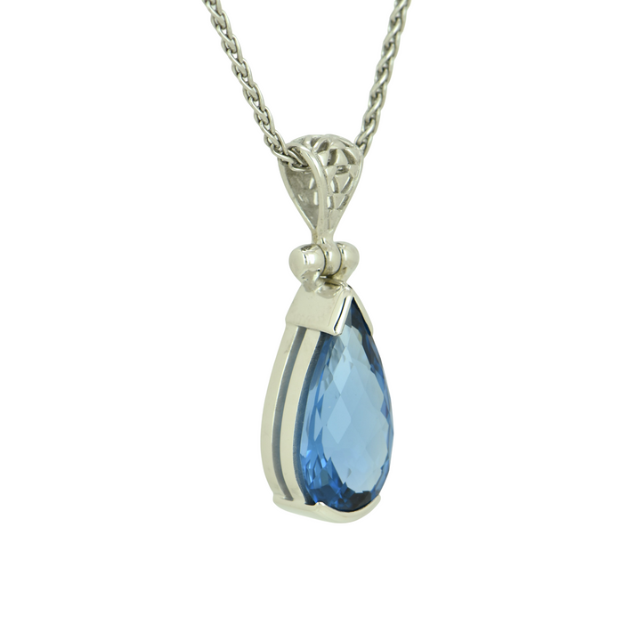 Pear Cut Blue Green Spinel Pendant, set in Sterling Silver plated in White Rhodium