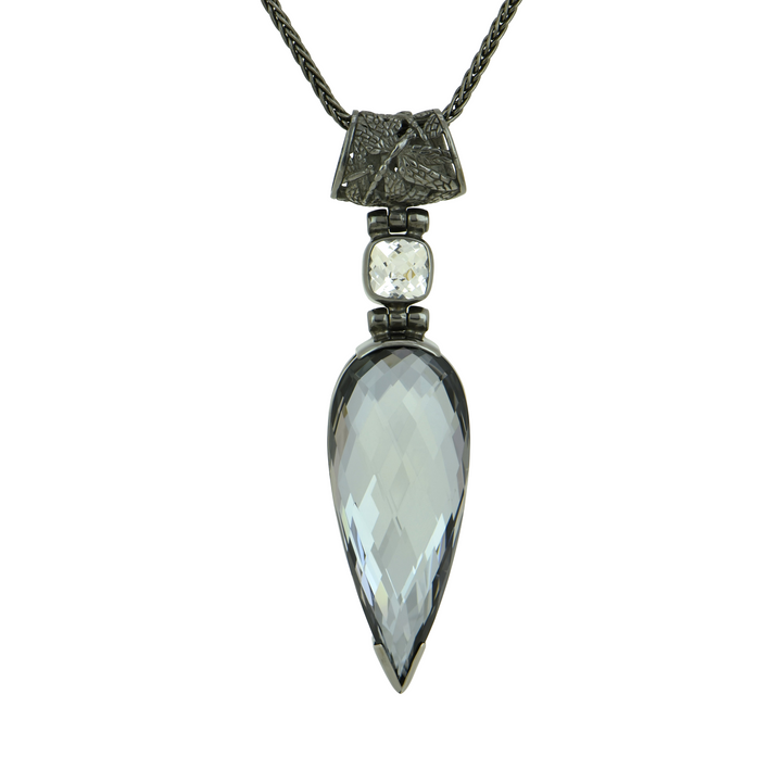 Pear Cut Moonlight Mystic Quartz Pendant, set in Sterling Silver plated in Black Rhodium