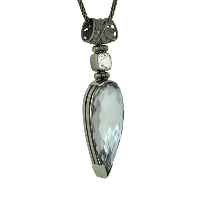 Pear Cut Moonlight Mystic Quartz Pendant, set in Sterling Silver plated in Black Rhodium