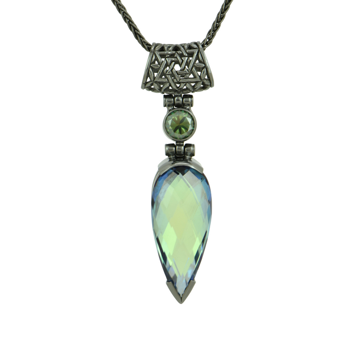 Pear Cut Moonlight Mystic Quartz Pendant, set in Sterling Silver plated in Black Rhodium