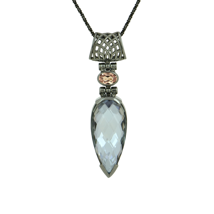 Pear Cut Moonlight Mystic Quartz Pendant, set in Sterling Silver plated in Black Rhodium