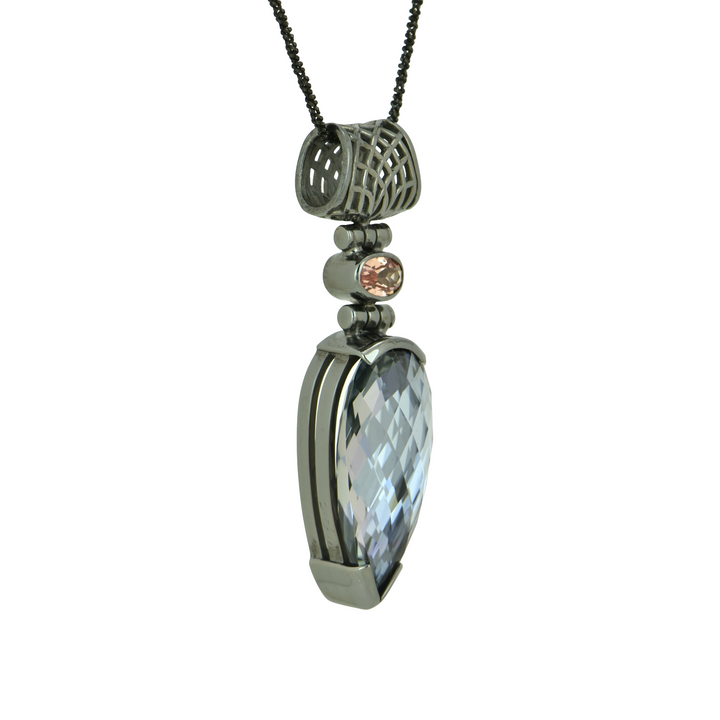 Pear Cut Moonlight Mystic Quartz Pendant, set in Sterling Silver plated in Black Rhodium