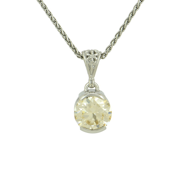 Round Champagne Moissanite Pendant, set in Sterling Silver plated in White Rhodium