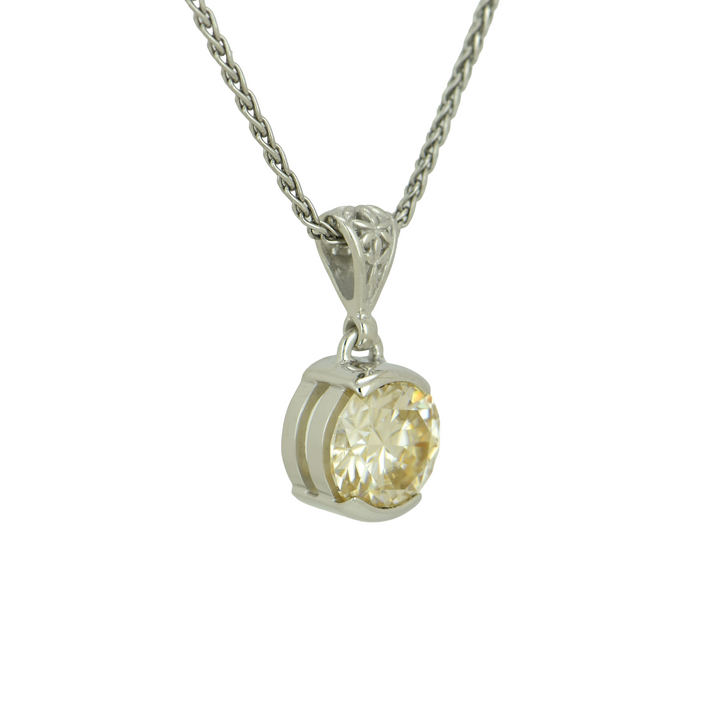 Round Champagne Moissanite Pendant, set in Sterling Silver plated in White Rhodium