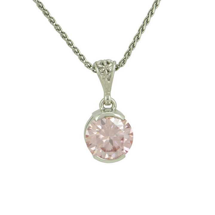 Round Pink Moissanite Pendant, set in Sterling Silver plated in White Rhodium