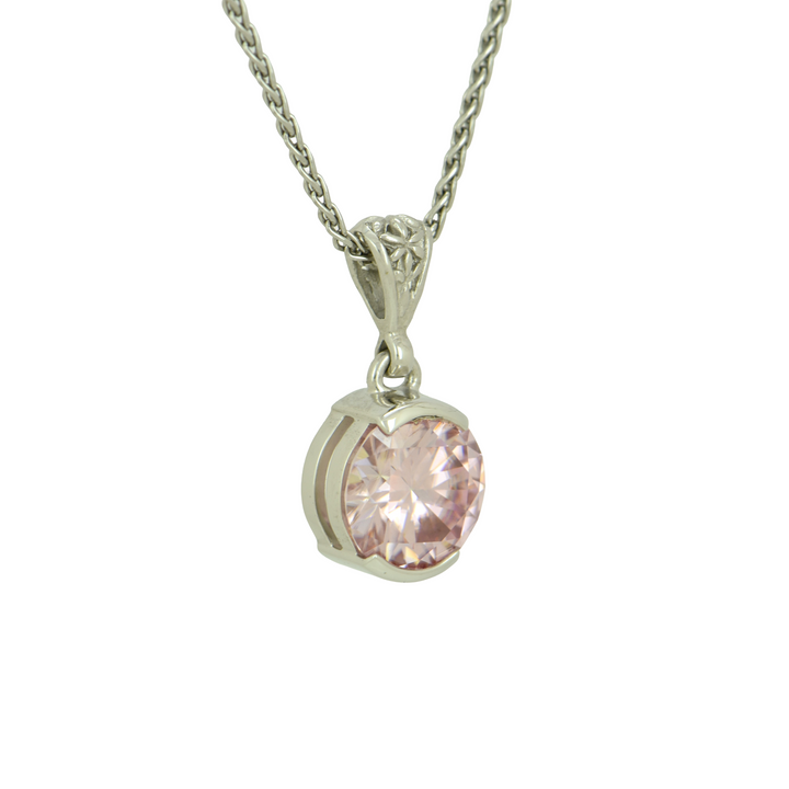 Round Pink Moissanite Pendant, set in Sterling Silver plated in White Rhodium