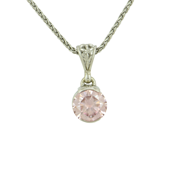 Round Pink Moissanite Pendant, set in Sterling Silver plated in White Rhodium
