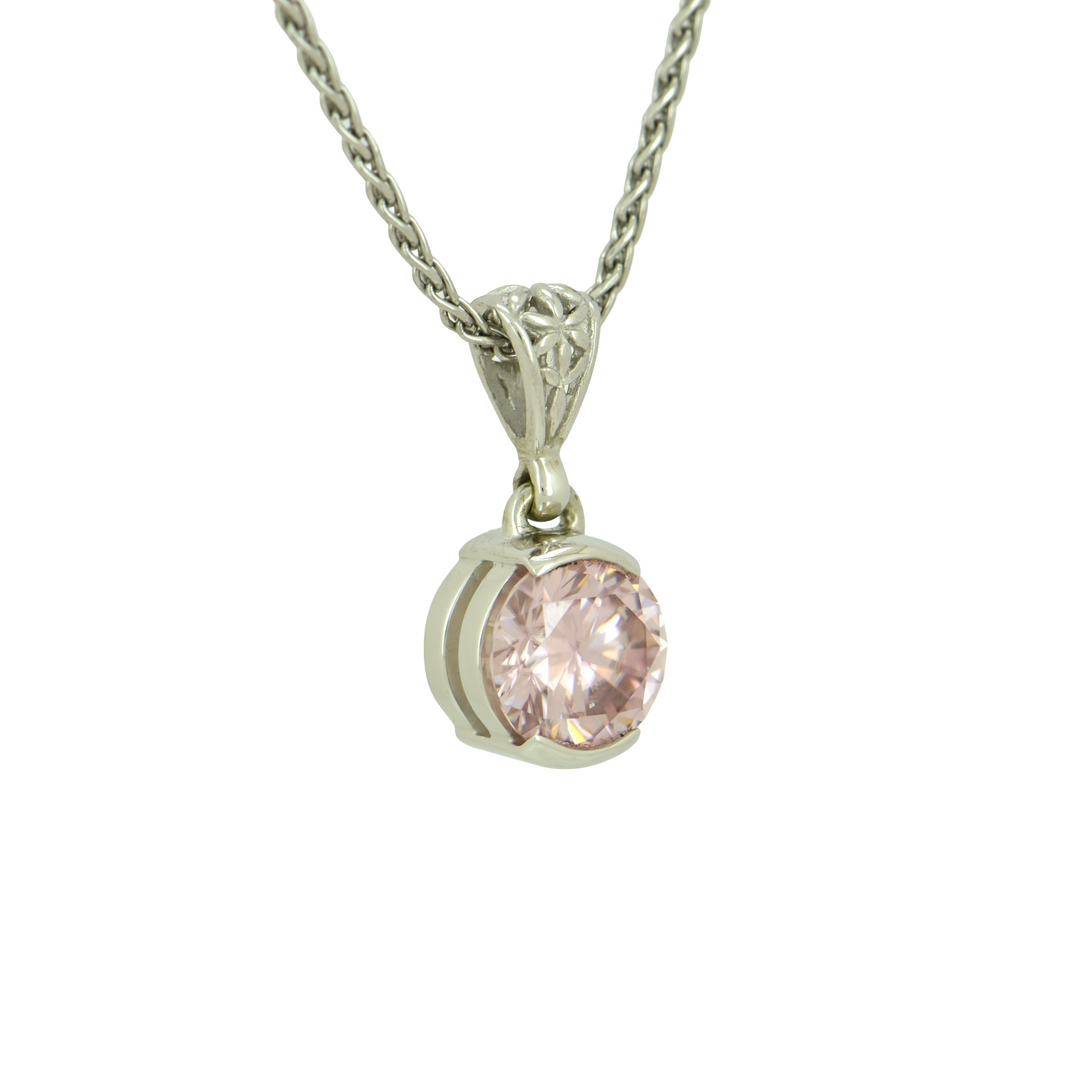Round Pink Moissanite Pendant, set in Sterling Silver plated in White Rhodium