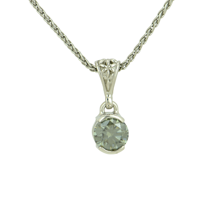 Round Black Moissanite Pendant, set in Sterling Silver plated in White Rhodium