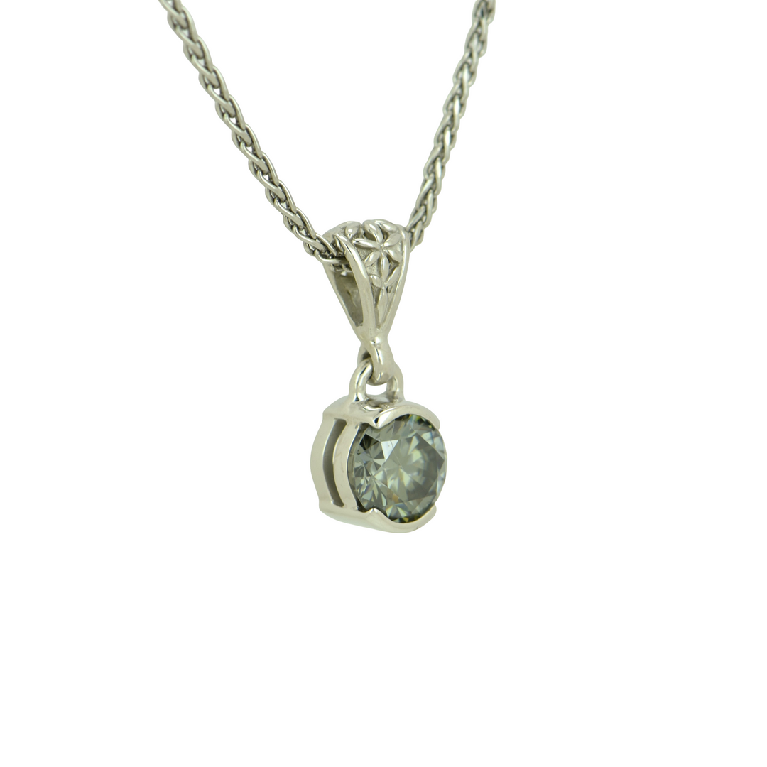 Round Black Moissanite Pendant, set in Sterling Silver plated in White Rhodium