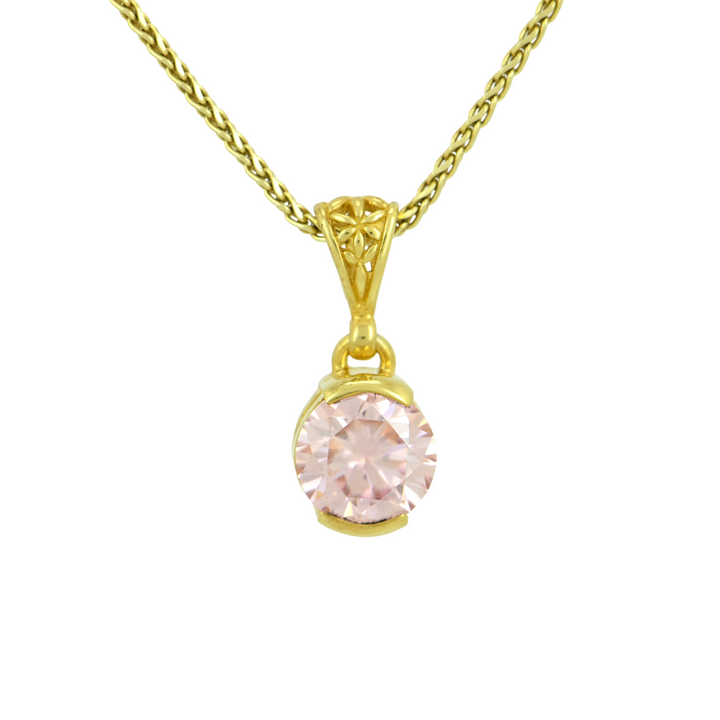 Round Pink Moissanite Pendant, set in Sterling Silver plated in Yellow Gold