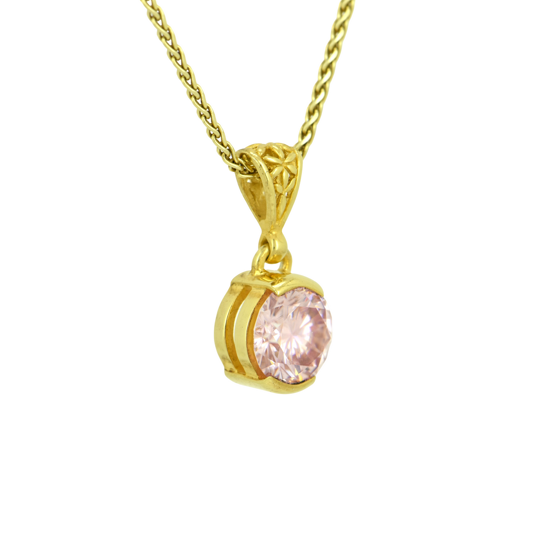 Round Pink Moissanite Pendant, set in Sterling Silver plated in Yellow Gold