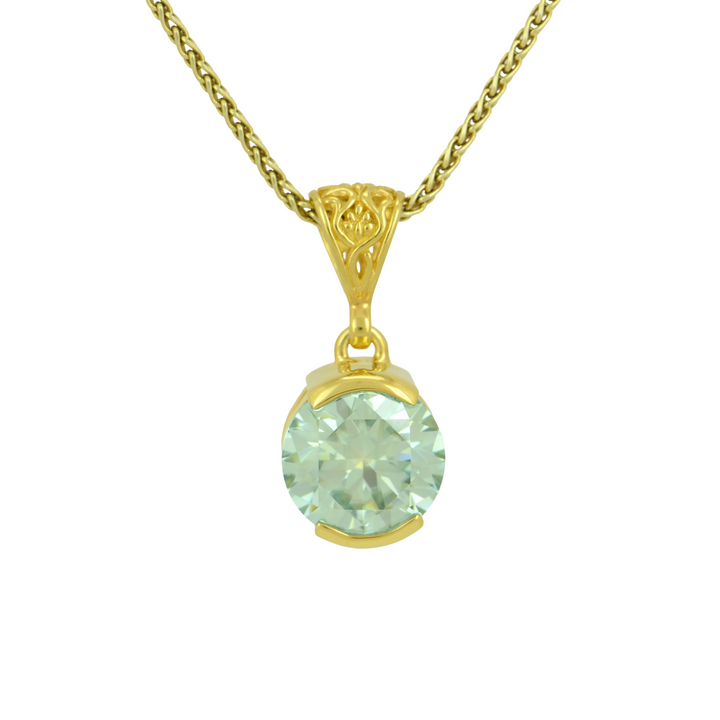 Round Light Blue Moissanite Pendant, set in Sterling Silver plated in Yellow Gold