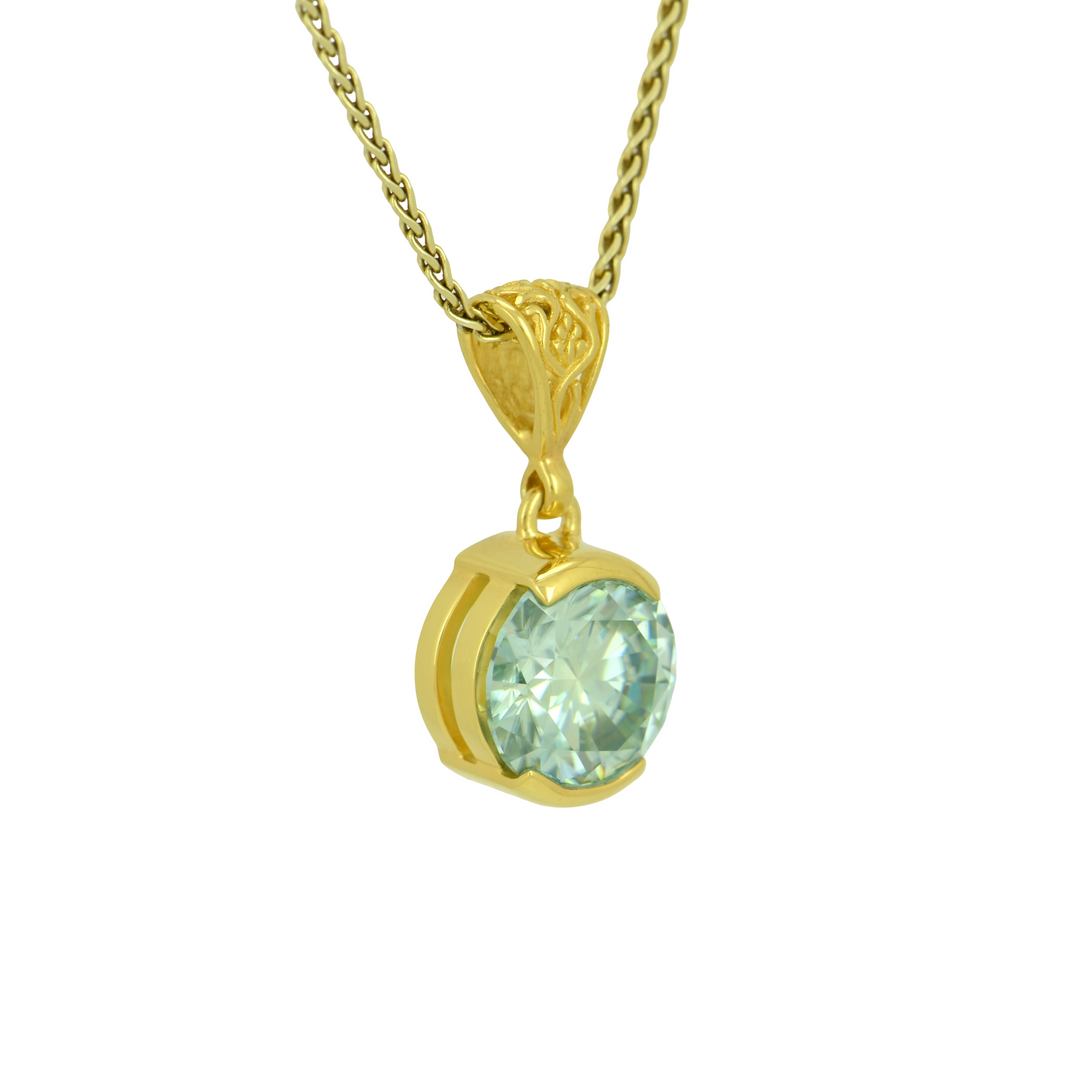 Round Light Blue Moissanite Pendant, set in Sterling Silver plated in Yellow Gold
