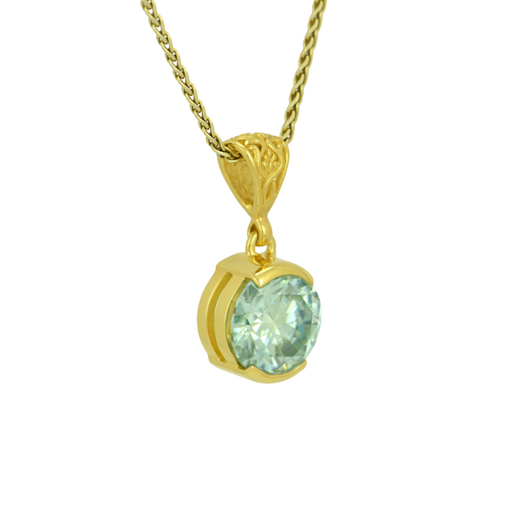 Round Light Blue Moissanite Pendant, set in Sterling Silver plated in Yellow Gold
