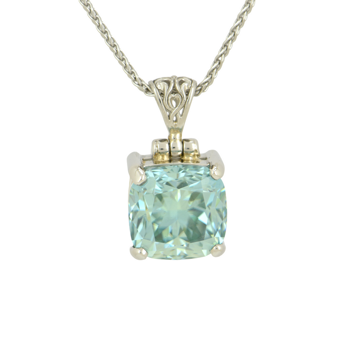Cushion Cut Blue Moissanite Pendant, set in Sterling Silver plated in White Rhodium