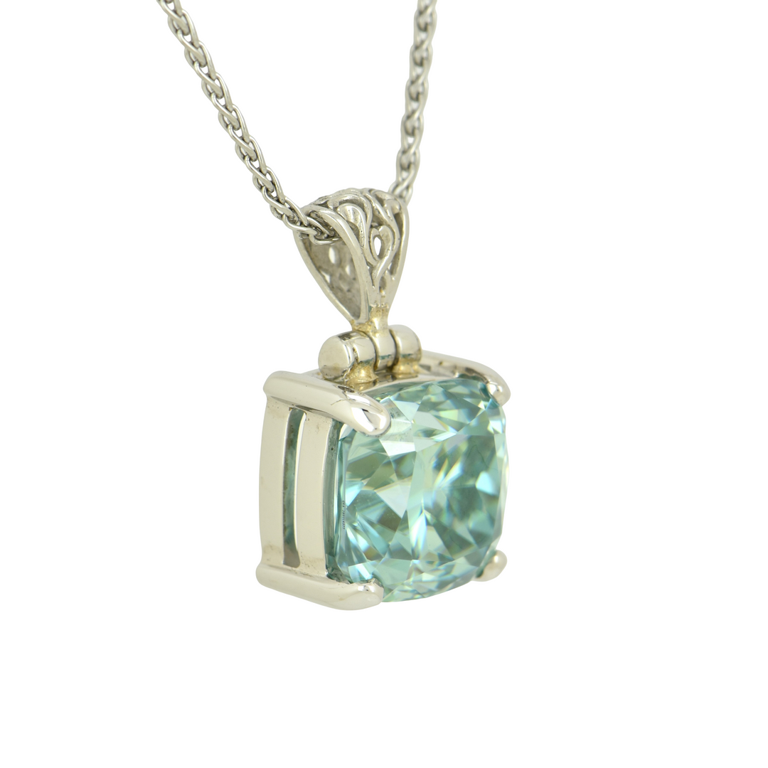 Cushion Cut Blue Moissanite Pendant, set in Sterling Silver plated in White Rhodium