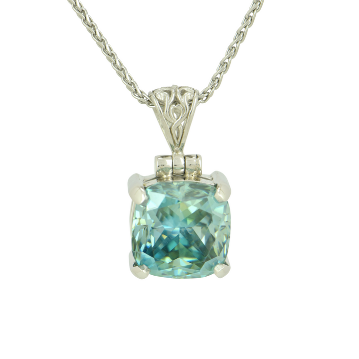 Cushion Cut Blue Moissanite Pendant, set in Sterling Silver plated in White Rhodium