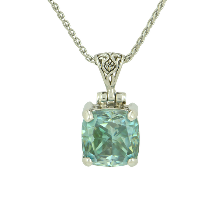 Cushion Cut Blue Moissanite Pendant, set in Sterling Silver plated in White Rhodium