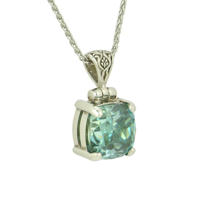 Cushion Cut Blue Moissanite Pendant, set in Sterling Silver plated in White Rhodium