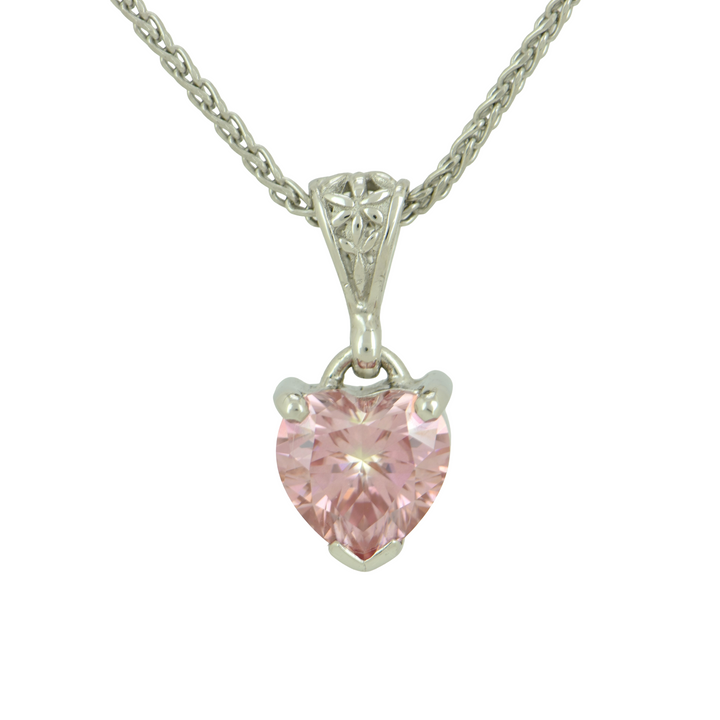 Heart-Shaped Pink Moissanite Pendant, set in Sterling Silver plated in White Rhodium