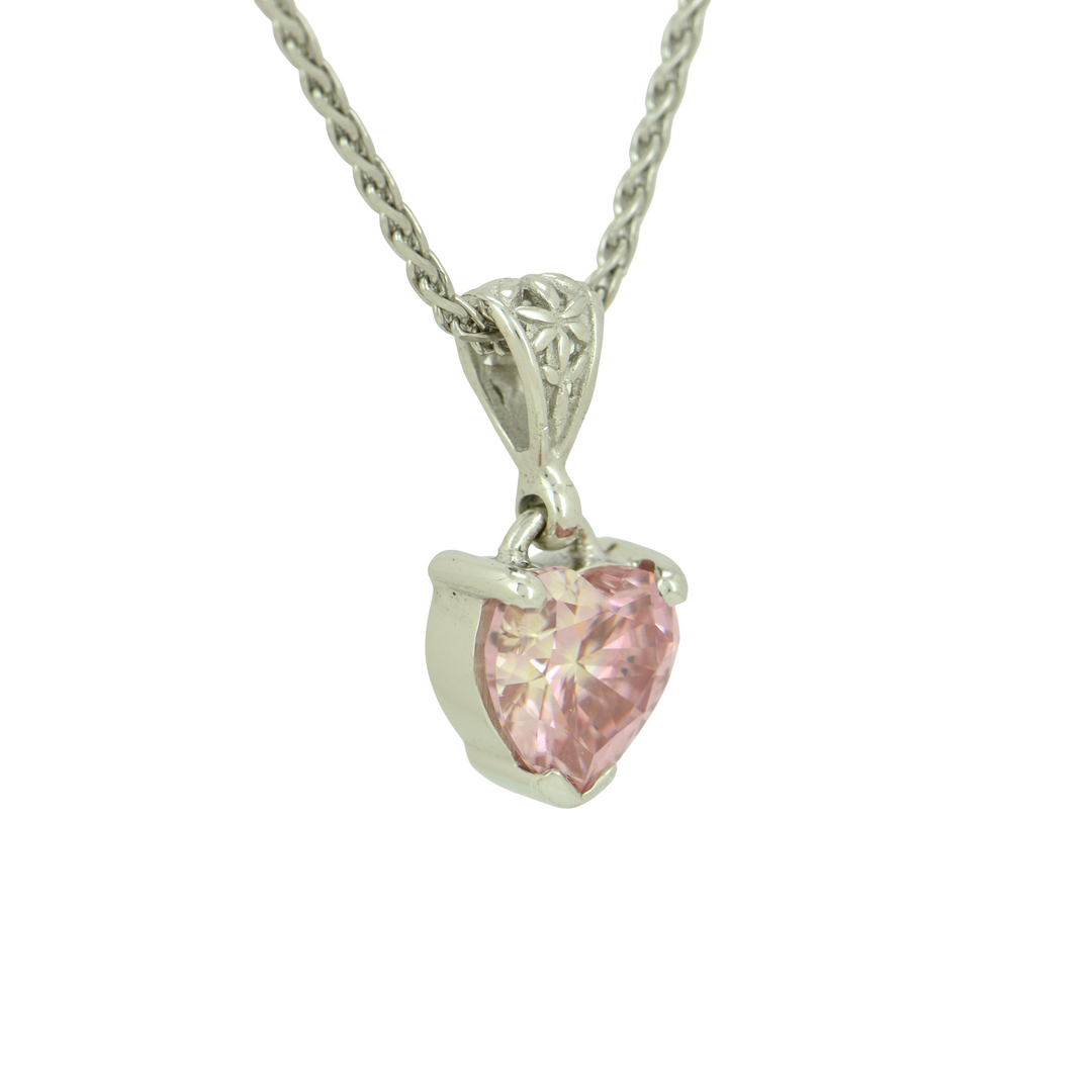 Heart-Shaped Pink Moissanite Pendant, set in Sterling Silver plated in White Rhodium