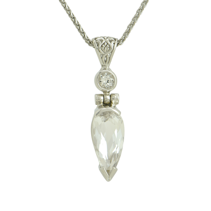 Pear Cut Danburite Pendant, set in Sterling Silver plated in White Rhodium