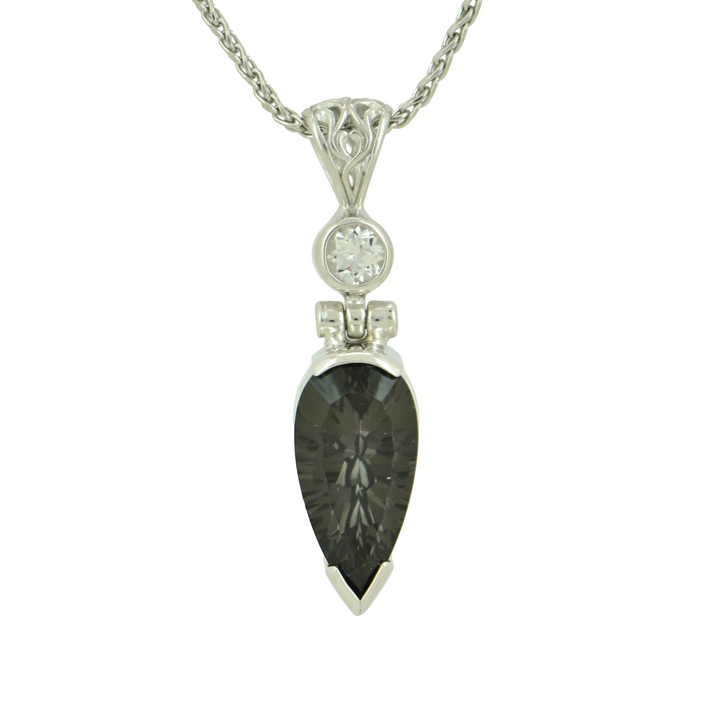 Pear Cut Midnight Mystic Quartz Pendant, set in Sterling Silver plated in White Rhodium