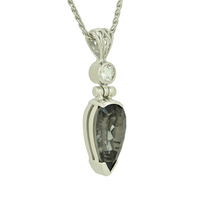 Pear Cut Midnight Mystic Quartz Pendant, set in Sterling Silver plated in White Rhodium