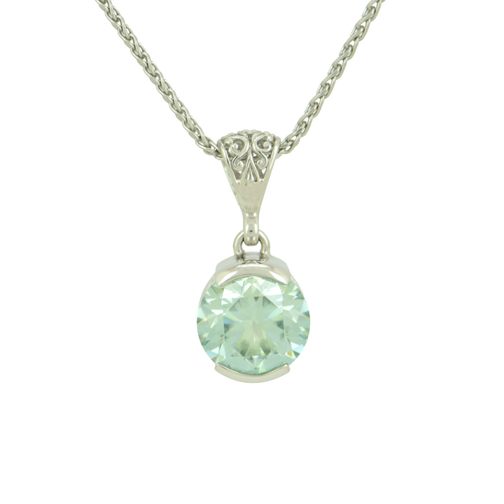 Round Light Blue Moissanite Pendant, set in Sterling Silver plated in White Rhodium