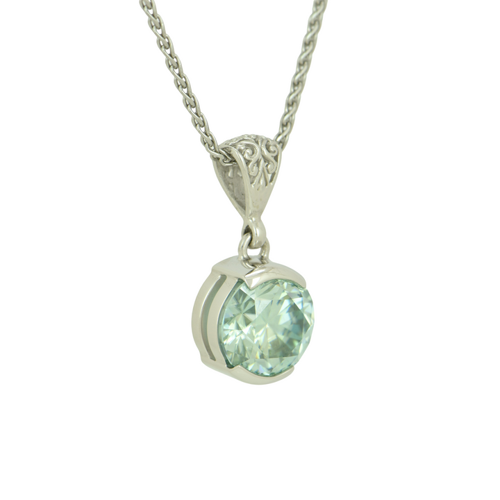 Round Light Blue Moissanite Pendant, set in Sterling Silver plated in White Rhodium