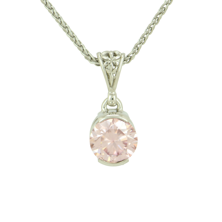 Round Pink Moissanite Pendant, set in Sterling Silver plated in White Rhodium
