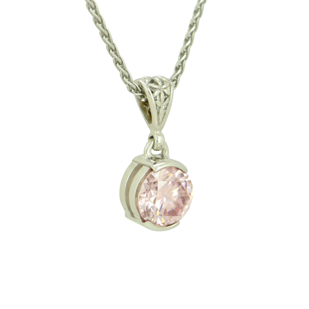 Round Pink Moissanite Pendant, set in Sterling Silver plated in White Rhodium