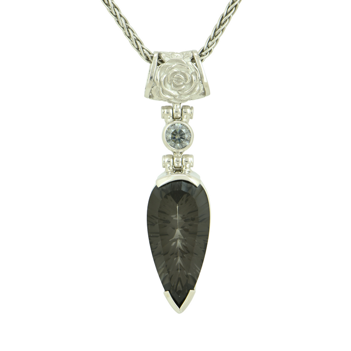 Pear Cut Midnight Mystic Quartz Pendant, set in Sterling Silver plated in White Rhodium