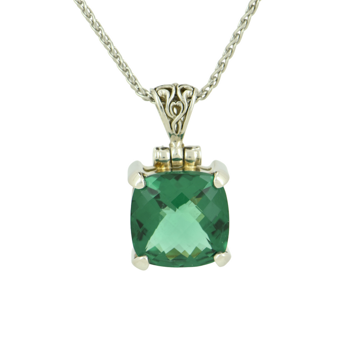 Cushion Cut Green Hydro Quartz Pendant, set in Sterling Silver plated in White Rhodium