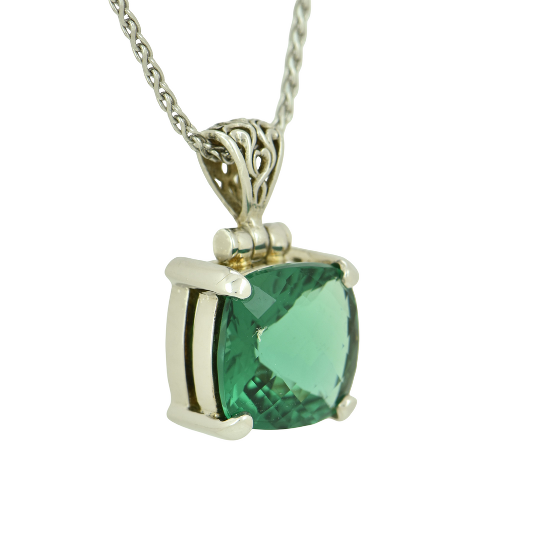 Cushion Cut Green Hydro Quartz Pendant, set in Sterling Silver plated in White Rhodium