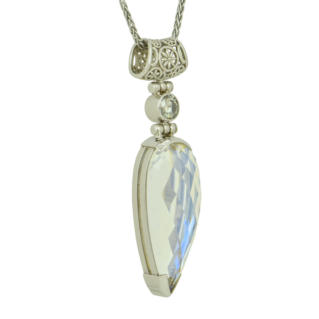 Pear Cut Angel Aura Enlightenment Mystic Quartz Pendant, set in Sterling Silver plated in White Rhodium