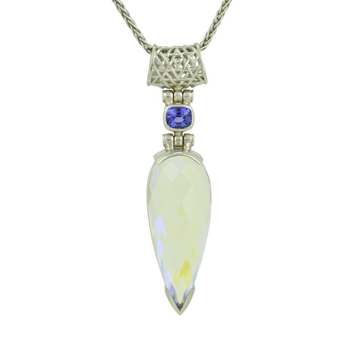 Pear Cut Angel Aura Enlightenment Mystic Quartz Pendant, set in Sterling Silver plated in White Rhodium