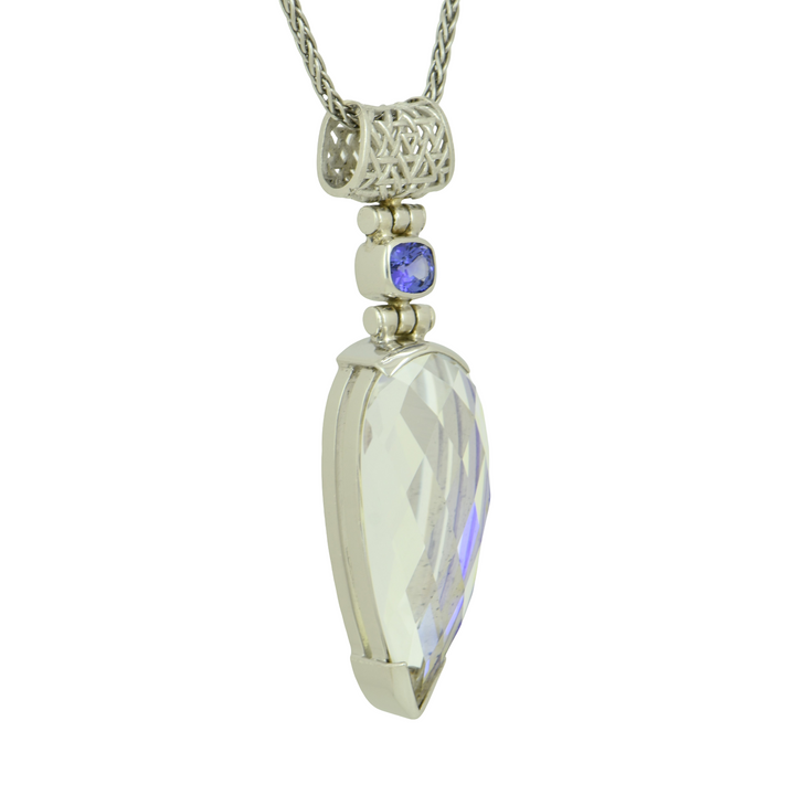 Pear Cut Angel Aura Enlightenment Mystic Quartz Pendant, set in Sterling Silver plated in White Rhodium
