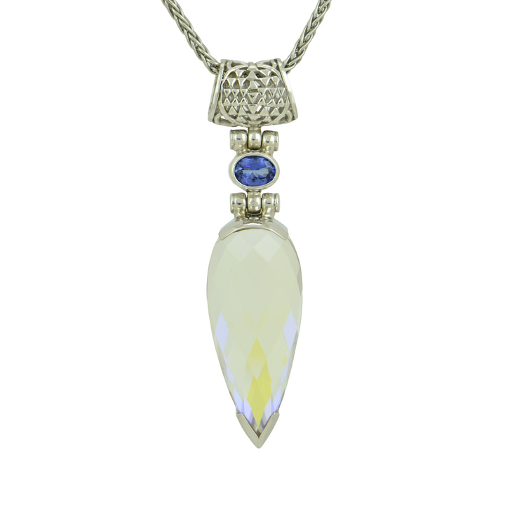 Pear Cut Angel Aura Enlightenment Mystic Quartz Pendant, set in Sterling Silver plated in White Rhodium